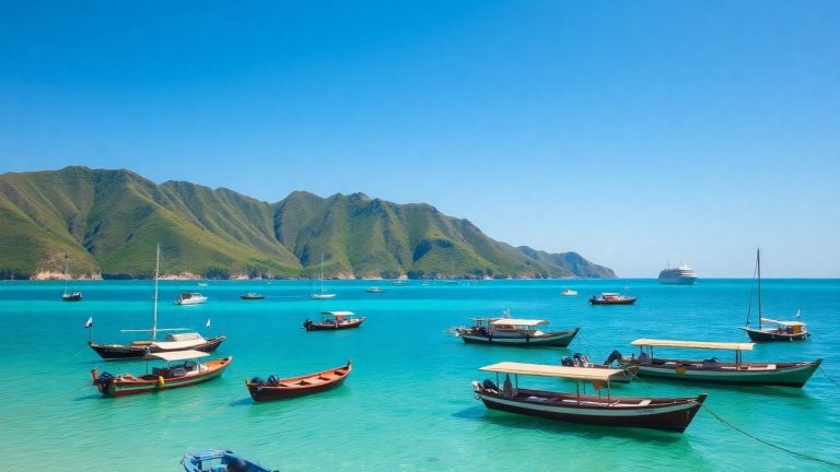 Boats in Labuan Bajo harbor with green hills.