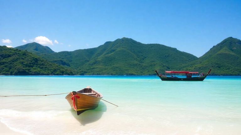 Labuan Bajo beach with clear water and green hills.