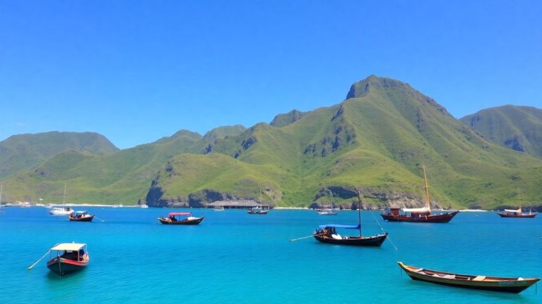 Labuan Bajo coastal view with boats and hills.