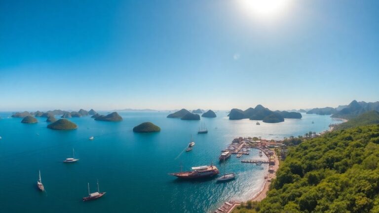 Labuan Bajo harbor with boats and islands