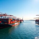 Indonesian harbor with cargo ships and containers.