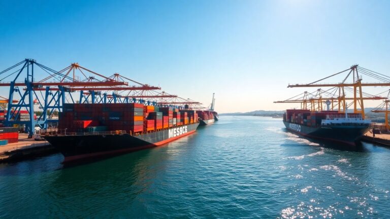 Indonesian harbor with cargo ships and containers.