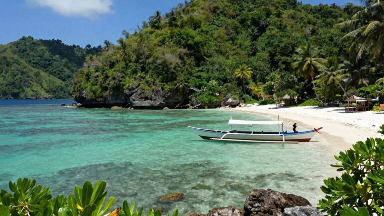 Labuan Bajo coastline with traditional boat and clear waters.